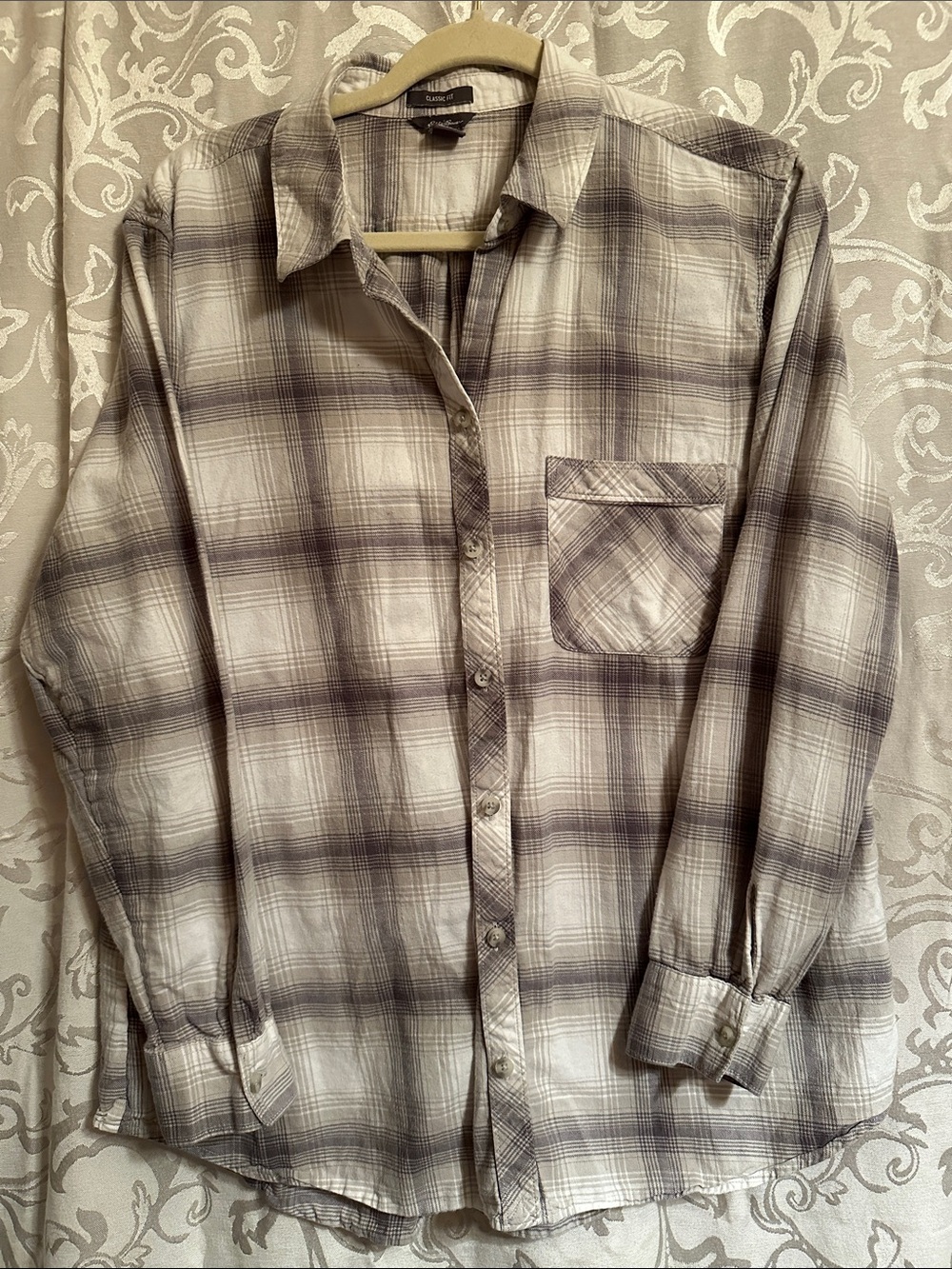 Eddie Bauer Beige and Gray Plaid Button-Down Shirt